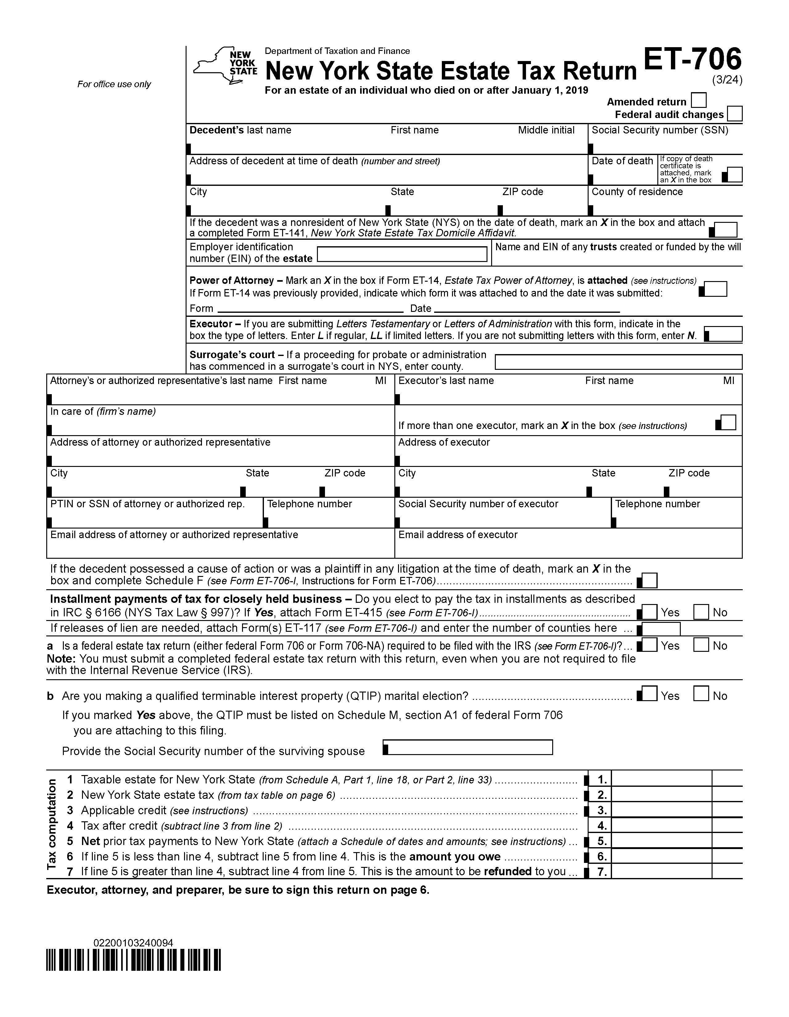 New York Estate Tax Return [Individual Who Died On Or After 1-1-19] {ET-706} | Pdf Fpdf Docx | New York